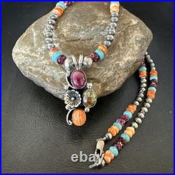 Multicolor Turquoise Spiny Navajo Sterling Silver Cluster Pendant Necklace 19640