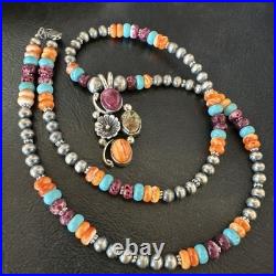 Multicolor Turquoise Spiny Navajo Sterling Silver Cluster Pendant Necklace 19640 Multicolor Turquoise Spiny Navajo Sterling Silver Cluster Pendant Necklace 19640