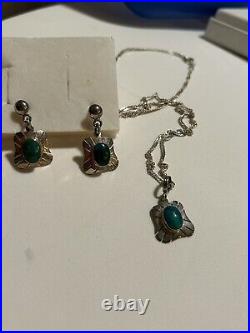 NAVAJO NATIVE AMERICAN VINTAGE MALACHITE STERLING SILVER PENDANT NECKLACE/Earrin