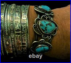 NAVAJO Old Pawn Vintage NATIVE AMERICAN Sterling Blue TURQUOISE Cuff Bracelet