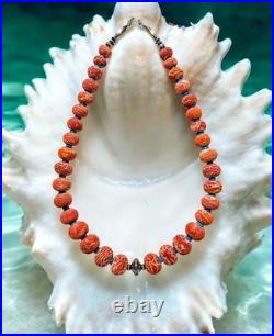 NAVAJO STERLING Vintage Coral Buffalo Indian Squash Blossom Necklace 26- 123g
