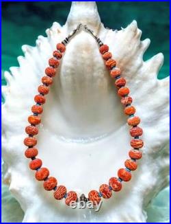 NAVAJO STERLING Vintage Coral Buffalo Indian Squash Blossom Necklace 26- 123g