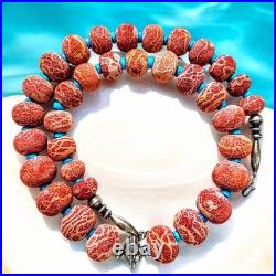 NAVAJO STERLING Vintage Coral Buffalo Indian Squash Blossom Necklace 26- 123g