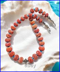 NAVAJO STERLING Vintage Coral Buffalo Indian Squash Blossom Necklace 26- 123g