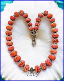 NAVAJO STERLING Vintage Coral Buffalo Indian Squash Blossom Necklace 26- 123g