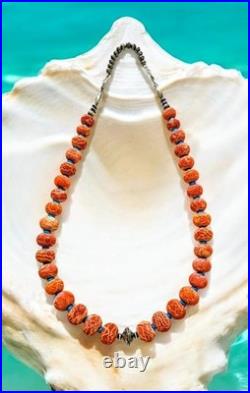 NAVAJO STERLING Vintage Coral Buffalo Indian Squash Blossom Necklace 26- 123g