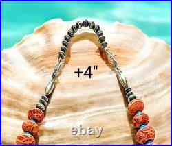NAVAJO STERLING Vintage Coral Buffalo Indian Squash Blossom Necklace 26- 123g
