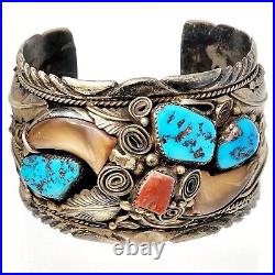 NAVAJO Sterling Silver Natural TURQUOISE CORAL Cuff Bracelet Sign M Thomas7.58