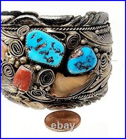 NAVAJO Sterling Silver Natural TURQUOISE CORAL Cuff Bracelet Sign M Thomas7.58
