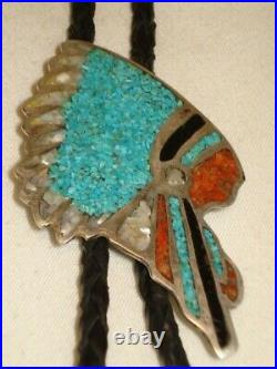 Native American Chief Bolo Tie Sterling Silver Marked Bennett Pat. Pend. Vintage