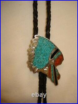 Native American Chief Bolo Tie Sterling Silver Marked Bennett Pat. Pend. Vintage