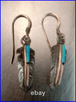 Native American Intricate Vintage Navajo Feather Turquoise Inlay Sterling Silver