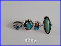 Native American Lot Of 4 Vintage Sterling Silver Turquoise Rings 925