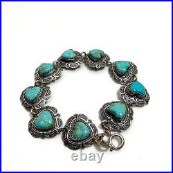 Native American R. B. Sterling Silver Turquoise Heart Link Bracelet Vintage 7.25