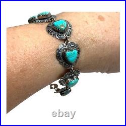 Native American R. B. Sterling Silver Turquoise Heart Link Bracelet Vintage 7.25 Native American R. B. Sterling Silver Turquoise Heart Link Bracelet Vintage 7.25
