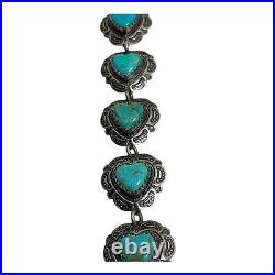 Native American R. B. Sterling Silver Turquoise Heart Link Bracelet Vintage 7.25