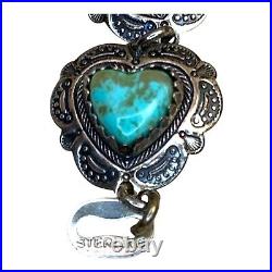 Native American R. B. Sterling Silver Turquoise Heart Link Bracelet Vintage 7.25 Native American R. B. Sterling Silver Turquoise Heart Link Bracelet Vintage 7.25