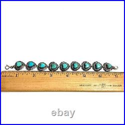 Native American R. B. Sterling Silver Turquoise Heart Link Bracelet Vintage 7.25