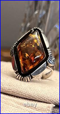 Native American Sterling Amber Signed Vintage Sz 10 Ring