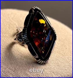 Native American Sterling Amber Signed Vintage Sz 10 Ring