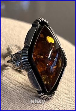 Native American Sterling Amber Signed Vintage Sz 10 Ring