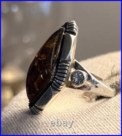 Native American Sterling Amber Signed Vintage Sz 10 Ring