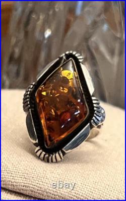 Native American Sterling Amber Signed Vintage Sz 10 Ring