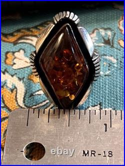Native American Sterling Amber Signed Vintage Sz 10 Ring
