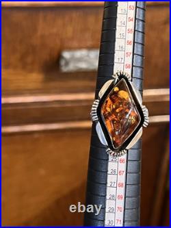 Native American Sterling Amber Signed Vintage Sz 10 Ring