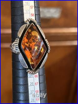 Native American Sterling Amber Signed Vintage Sz 10 Ring