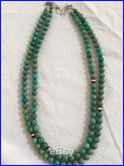 Native American Sterling Silver 2 Strand Green Turquoise Vintage Beads Necklace