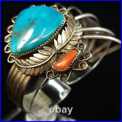 Native American Sterling Silver Vintage Turquoise Coral Cuff Bracelet 6.5