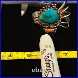Native American Sterling Silver Vintage Turquoise Coral Cuff Bracelet 6.5