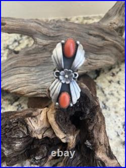 Native American Sterling Silver double Coral Ring authentic Navajo Vintage