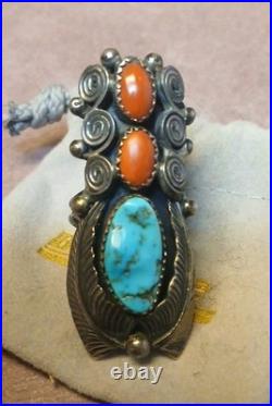 Native American Sterling VINTAGE Navajo Coral/Turquoise Ring S- 7