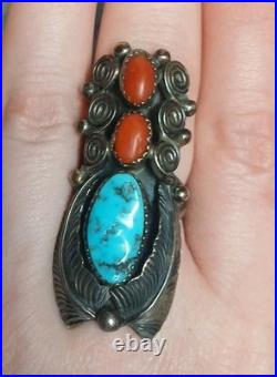 Native American Sterling VINTAGE Navajo Coral/Turquoise Ring S- 7