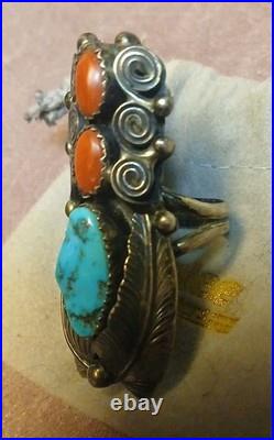 Native American Sterling VINTAGE Navajo Coral/Turquoise Ring S- 7