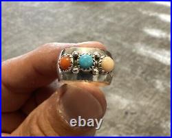 Native American Turquoise Coral Quartz Sterling Silver Ring Navajo Vintage Rare