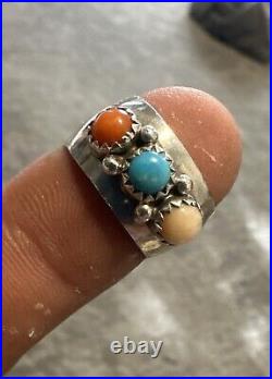 Native American Turquoise Coral Quartz Sterling Silver Ring Navajo Vintage Rare