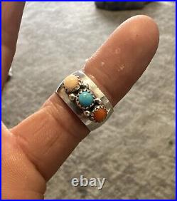 Native American Turquoise Coral Quartz Sterling Silver Ring Navajo Vintage Rare