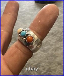 Native American Turquoise Coral Quartz Sterling Silver Ring Navajo Vintage Rare