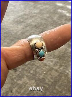 Native American Turquoise Coral Quartz Sterling Silver Ring Navajo Vintage Rare