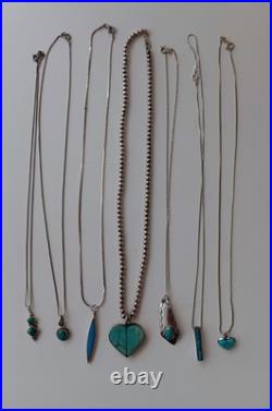 Native American Vintage 925 Sterling Silver Some ZUNI Turquoise Lot Of7 Necklace