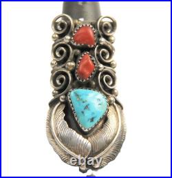 Native American Vintage Sterling Silver Turquoise & Coral Full Finger Ring Sz 7