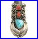 Native American Vintage Sterling Silver Turquoise & Coral Full Finger Ring Sz 7