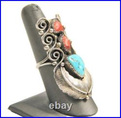 Native American Vintage Sterling Silver Turquoise & Coral Full Finger Ring Sz 7