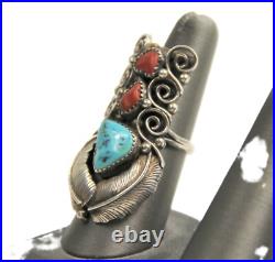 Native American Vintage Sterling Silver Turquoise & Coral Full Finger Ring Sz 7