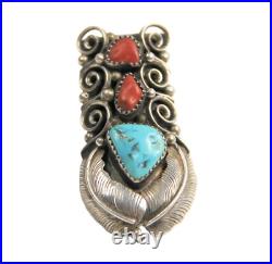Native American Vintage Sterling Silver Turquoise & Coral Full Finger Ring Sz 7