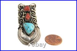 Native American Vintage Sterling Silver Turquoise & Coral Full Finger Ring Sz 7