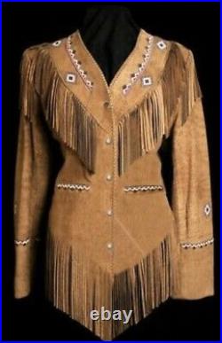 Native American Western Women's Leather Jacket with Fringe and bone